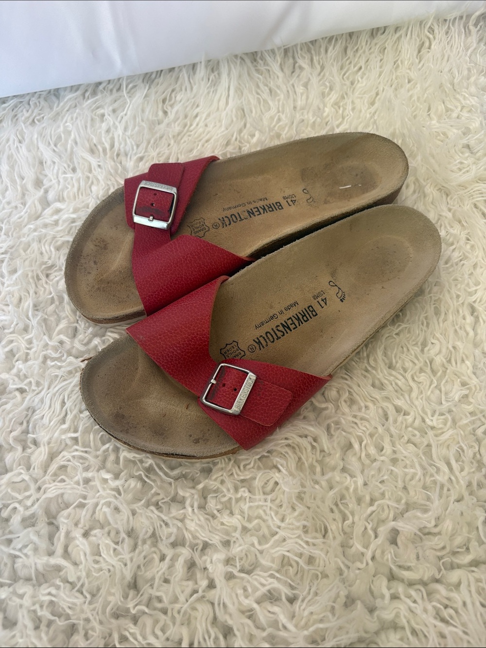 Birkenstock Red Single-Strap Buckle Slide Sandals